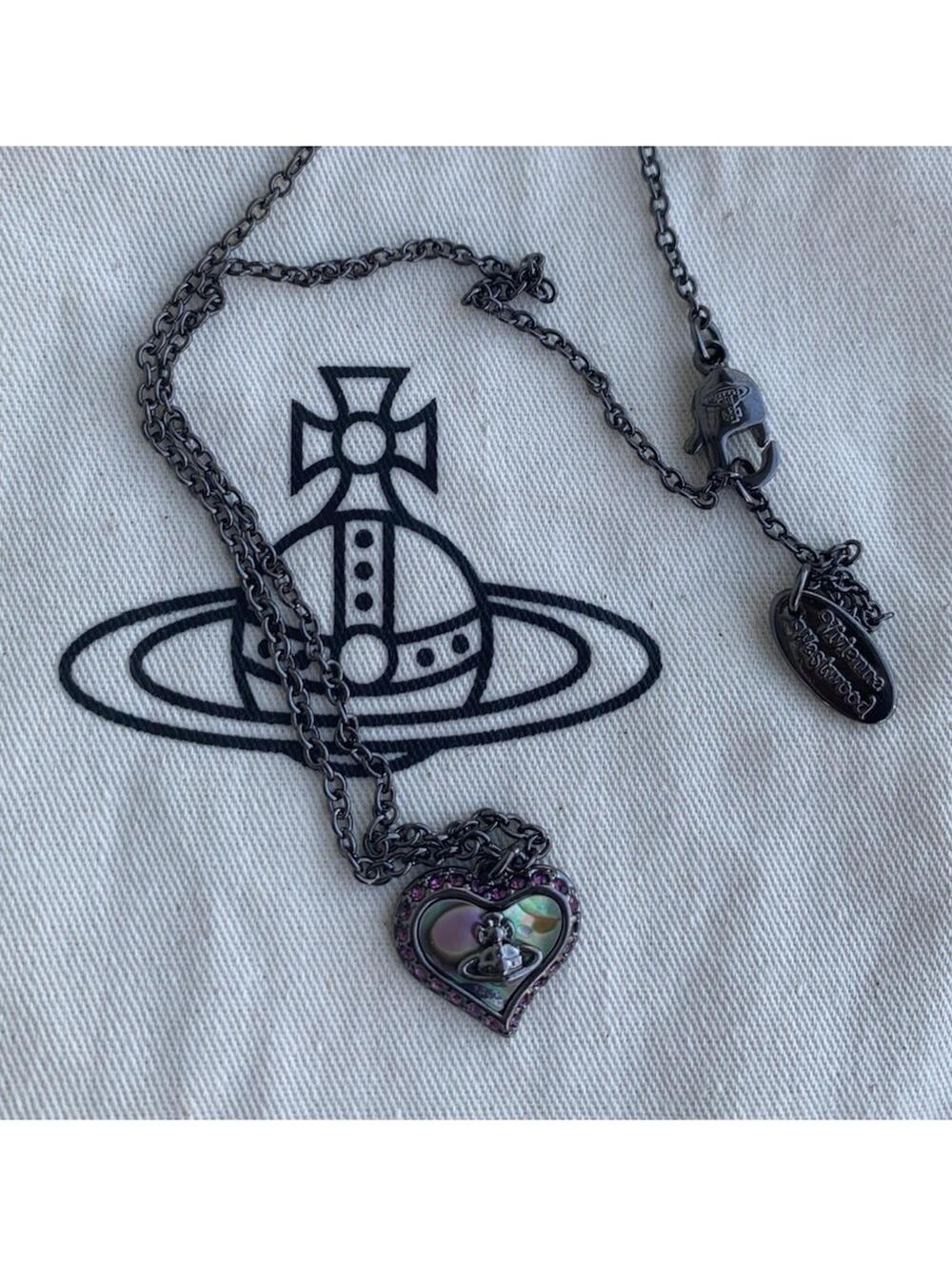 Vivienne Westwood Petra Necklace Gray Shell Heart Reflective With Pink Edge